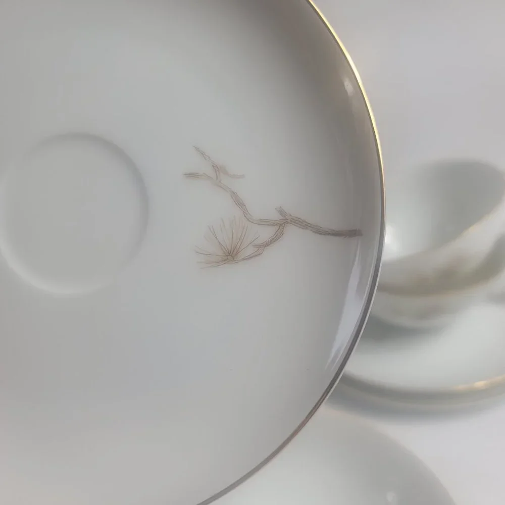 FOUR Sango Larchmont Cup & Saucer Sets White with Brown Pine Branch